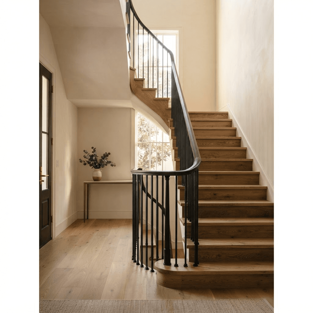 Carefully finished hardwood staircase with clean edges